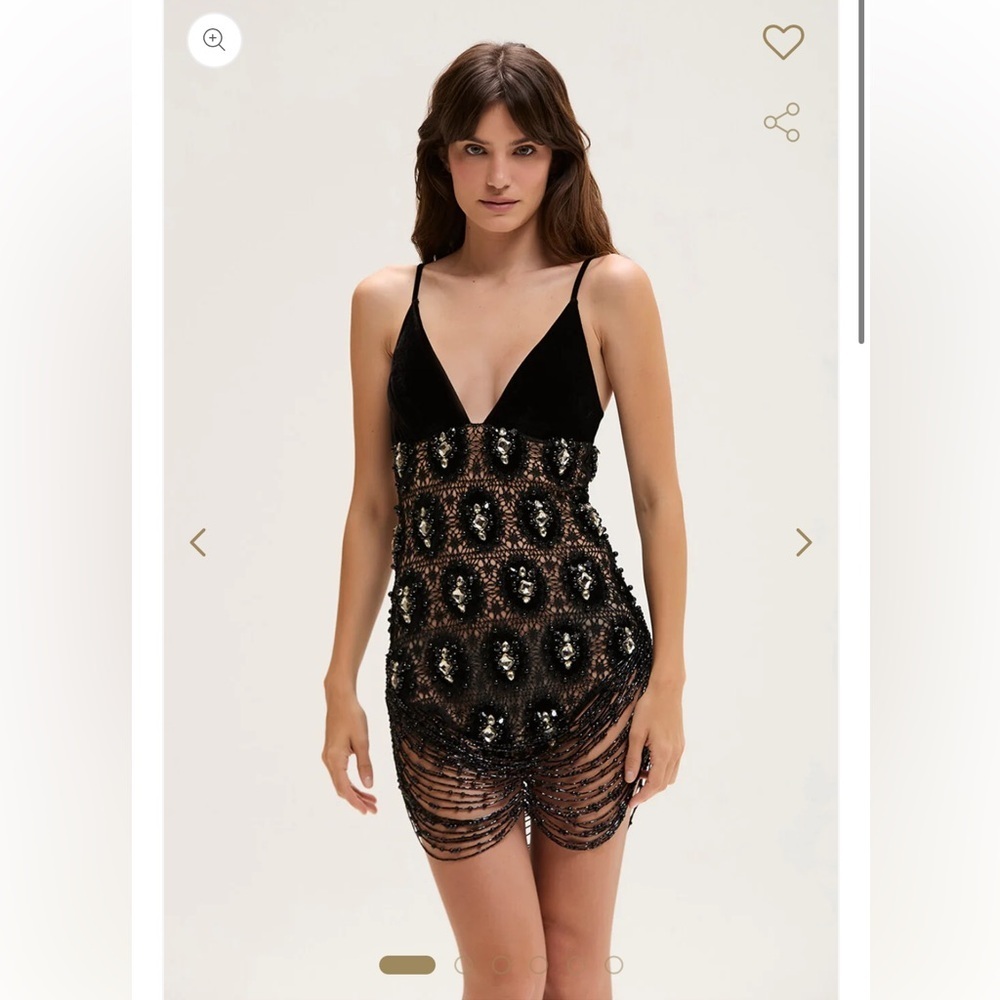 NWT PATBO black velvet fringe mini dress hand beaded rhinestone crochet Gatsby - Picture 7 of 16
